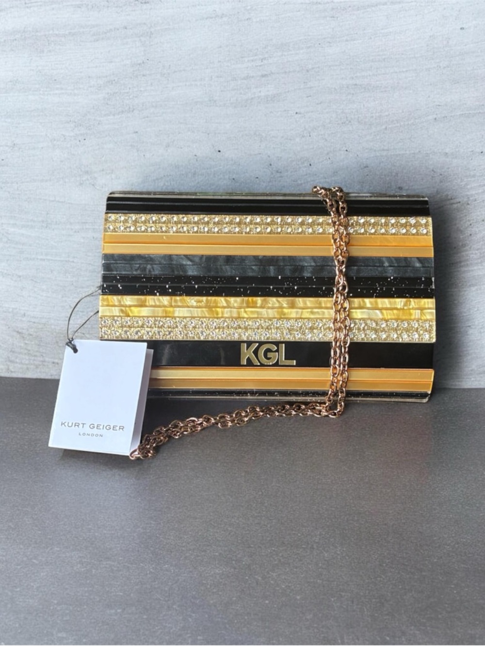 NWT Kurt Geiger London Party Eagle Clutch with Crossbody Chain and Dust Bag